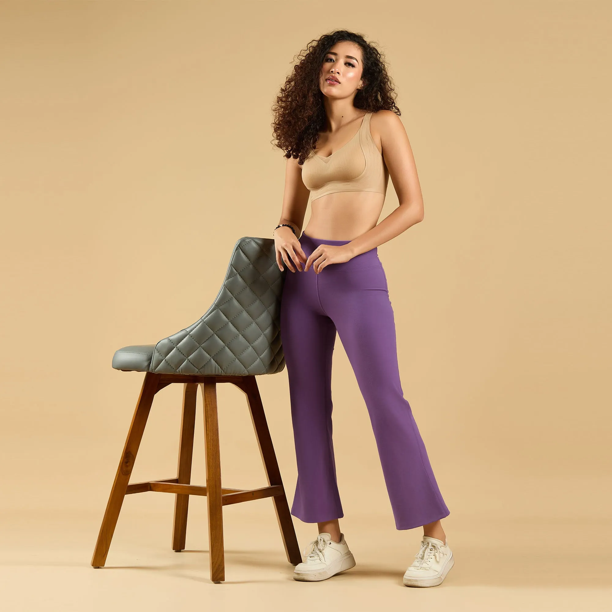 Mid-Rise Fit & Flared Pants with 4-Way Stretch & Compression Waistband