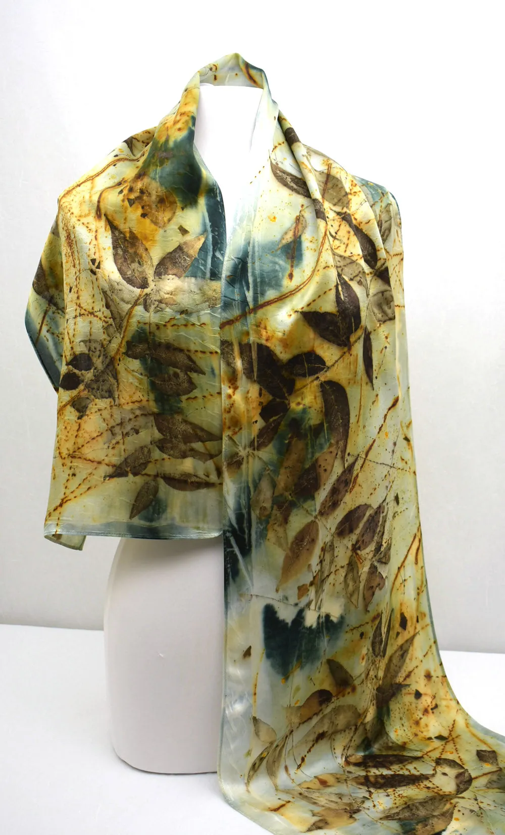 Natural Hand Dyed Eco Printed Wearable Art Fashion Silk Satin Scarf Accessory