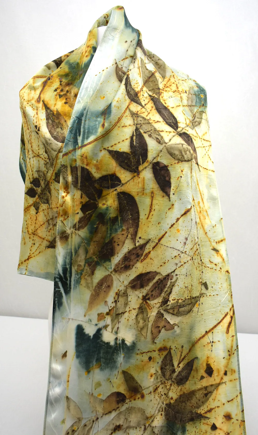 Natural Hand Dyed Eco Printed Wearable Art Fashion Silk Satin Scarf Accessory