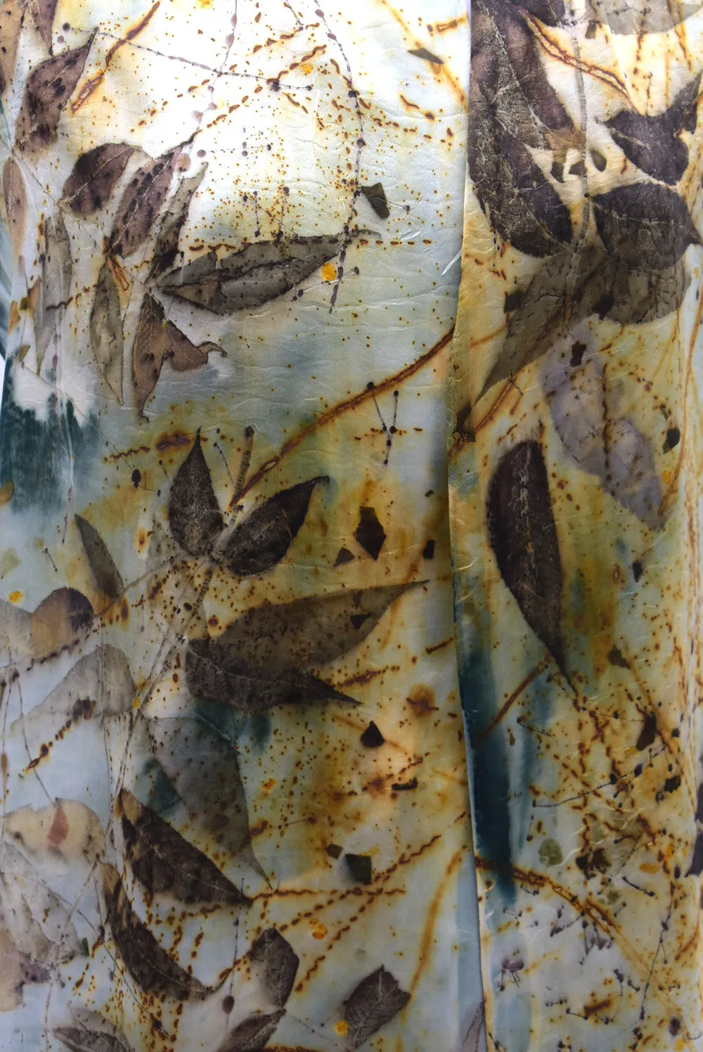 Natural Hand Dyed Eco Printed Wearable Art Fashion Silk Satin Scarf Accessory