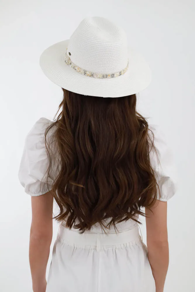 Natural Straw Panama Sunhat with Gem Stone Trim Band - White