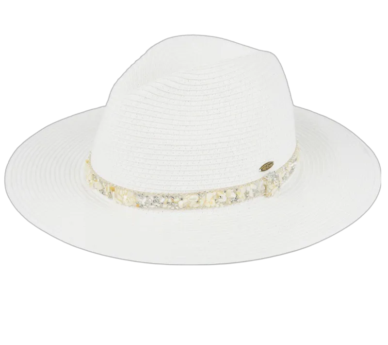 Natural Straw Panama Sunhat with Gem Stone Trim Band - White