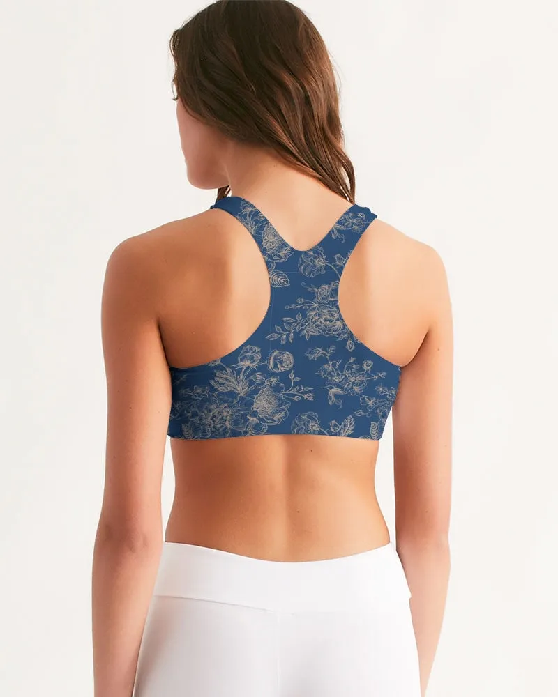 Navy Toile Floral Women's Seamless Sports Bra
