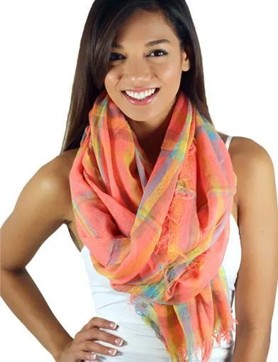 Neon Coral Plaid Scarf