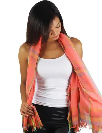 Neon Coral Plaid Scarf