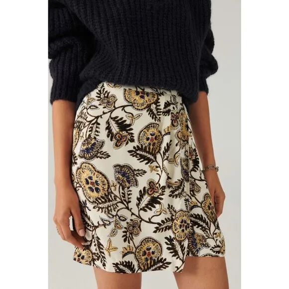NEW BA&amp;SH Venise Floral Print Crepe Mini Wrap Skirt in Ecru Sz. XS