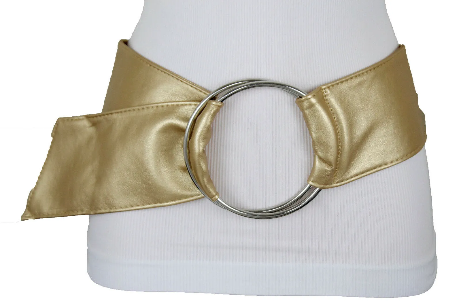 New Fashion Cute Women Gold Wide Fabric Band Belt Silver 2 big Rings Buckle S M L