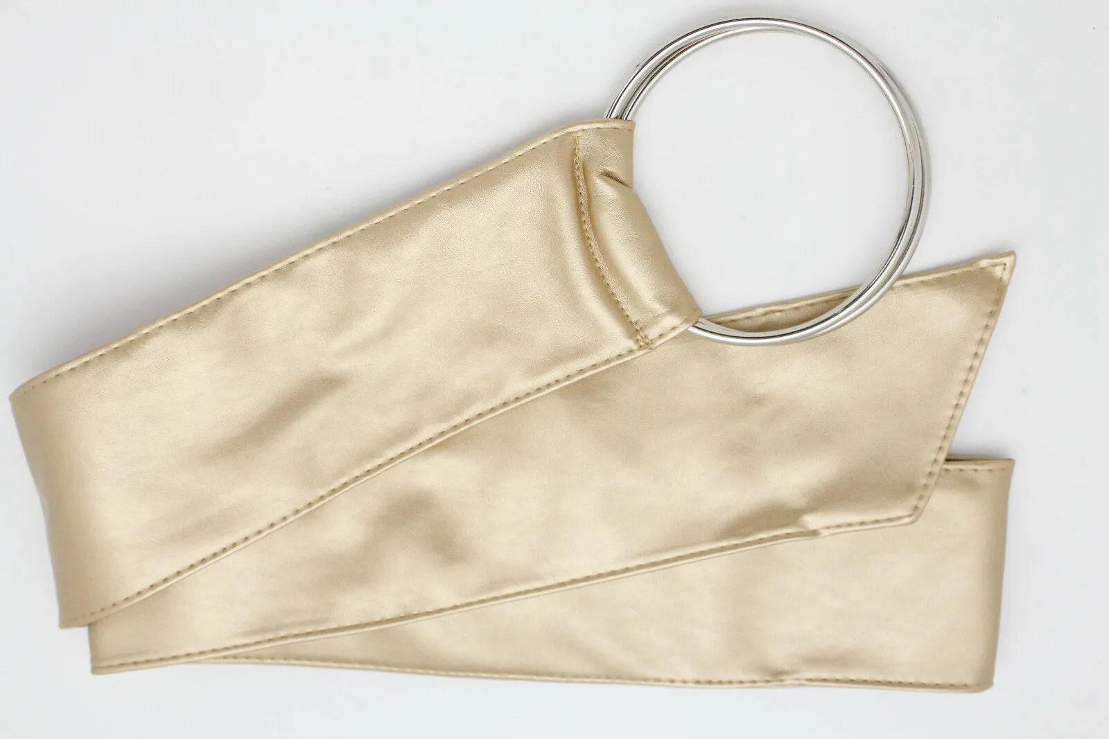 New Fashion Cute Women Gold Wide Fabric Band Belt Silver 2 big Rings Buckle S M L