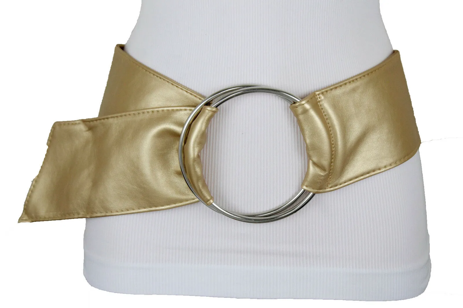 New Fashion Cute Women Gold Wide Fabric Band Belt Silver 2 big Rings Buckle S M L
