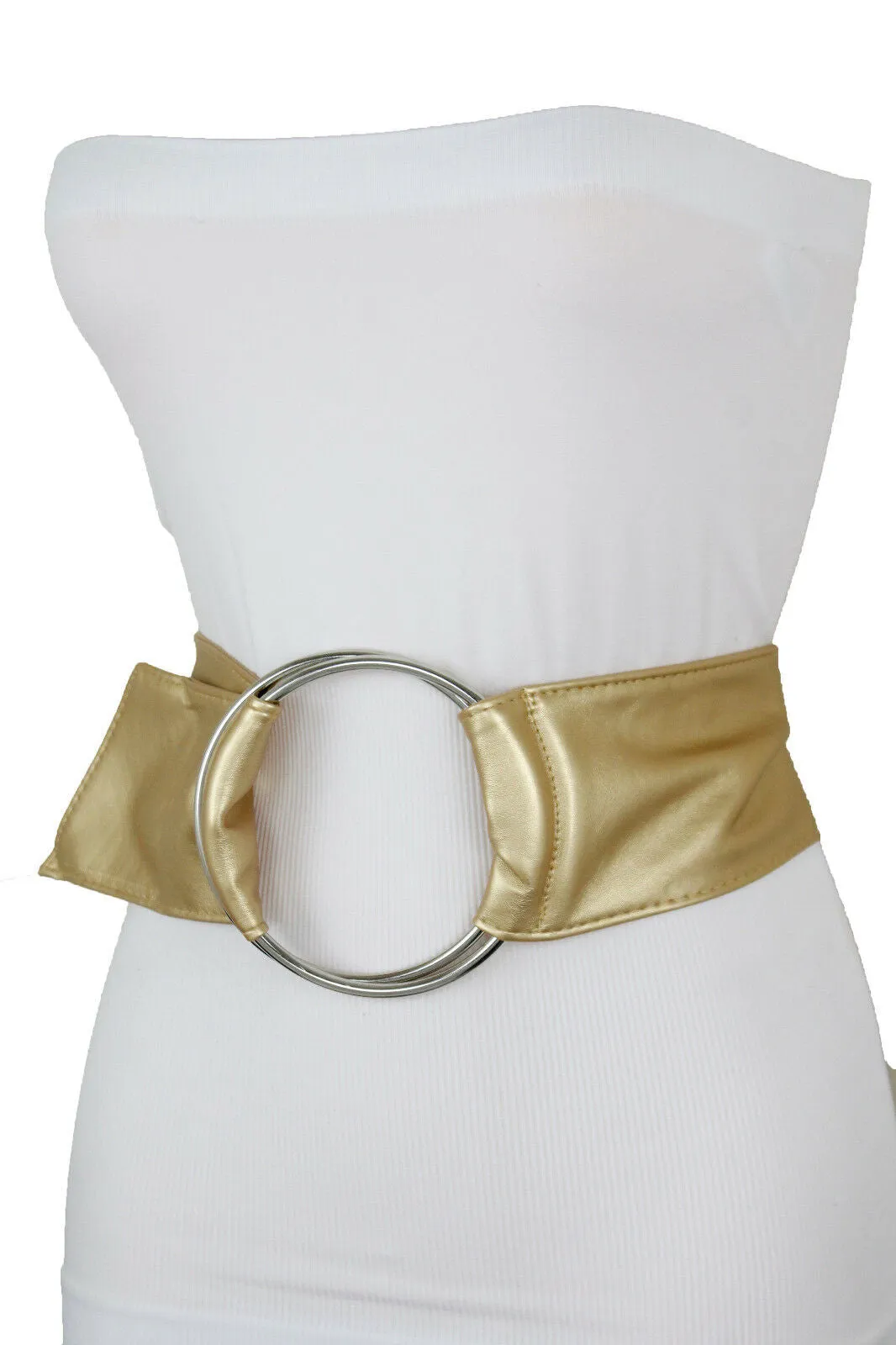 New Fashion Cute Women Gold Wide Fabric Band Belt Silver 2 big Rings Buckle S M L