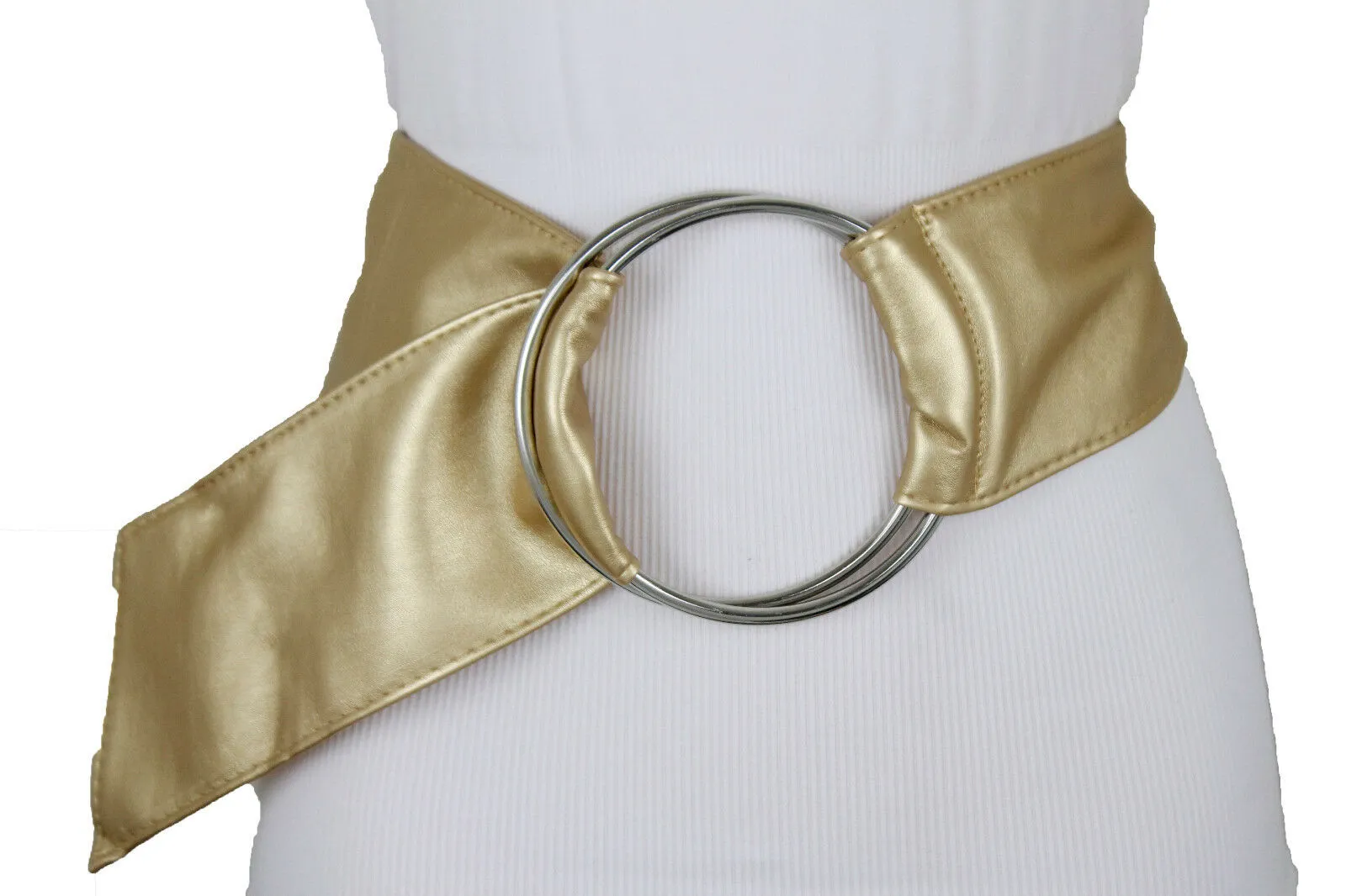 New Fashion Cute Women Gold Wide Fabric Band Belt Silver 2 big Rings Buckle S M L