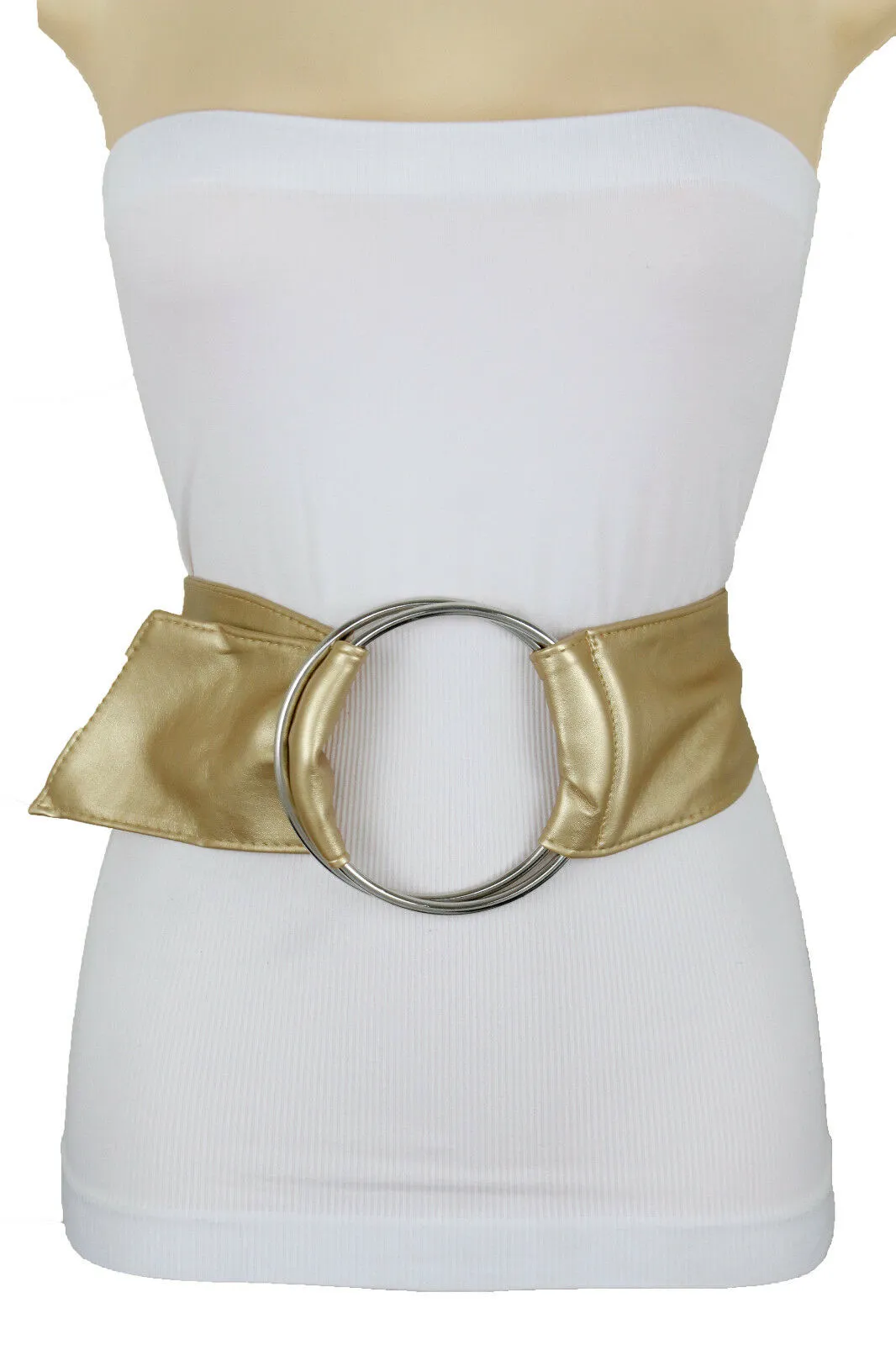 New Fashion Cute Women Gold Wide Fabric Band Belt Silver 2 big Rings Buckle S M L
