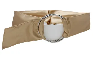 New Fashion Cute Women Gold Wide Fabric Band Belt Silver 2 big Rings Buckle S M L