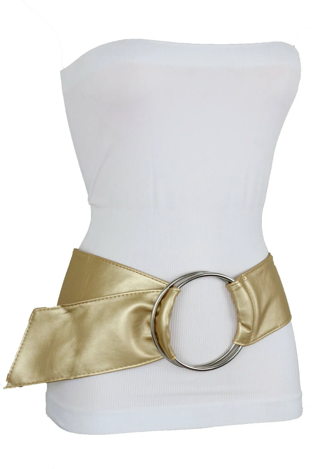 New Fashion Cute Women Gold Wide Fabric Band Belt Silver 2 big Rings Buckle S M L