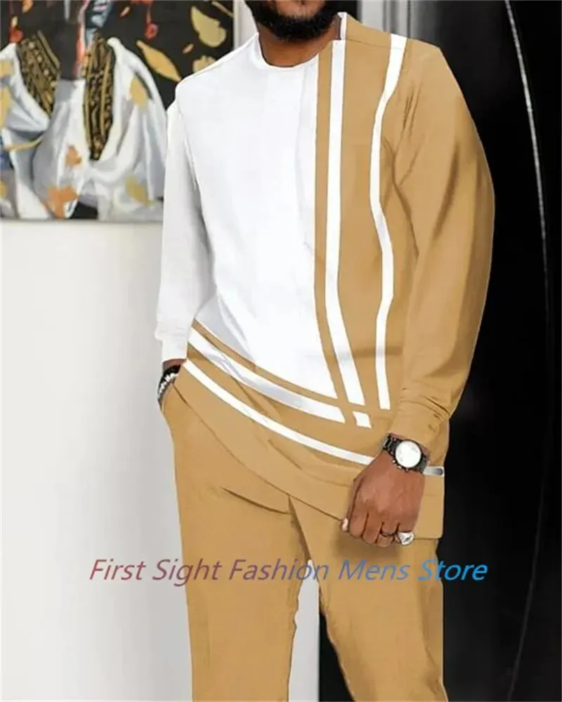 New Long Sleeve African Suit Print Autumn Oversize Men's T-Shirt Trousers 2-piece Set Fashion Street Casual Outfits Man Clothes