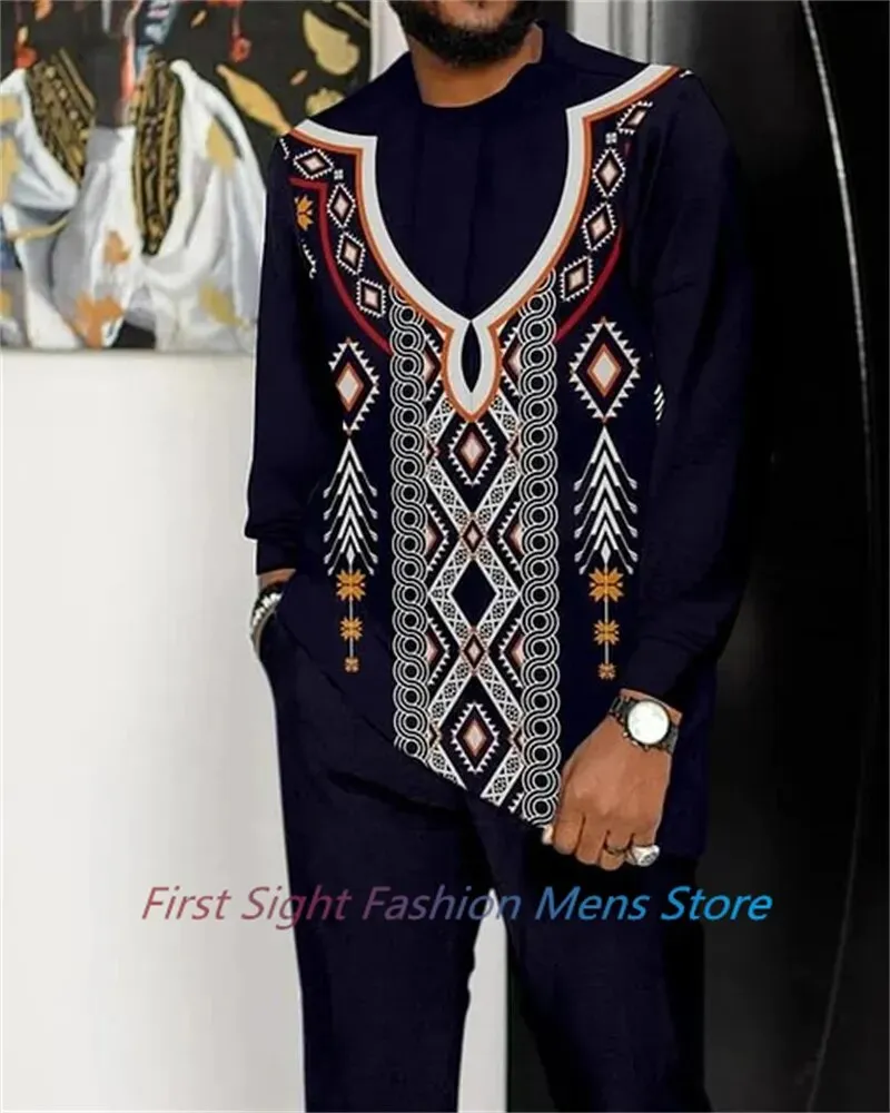 New Long Sleeve African Suit Print Autumn Oversize Men's T-Shirt Trousers 2-piece Set Fashion Street Casual Outfits Man Clothes
