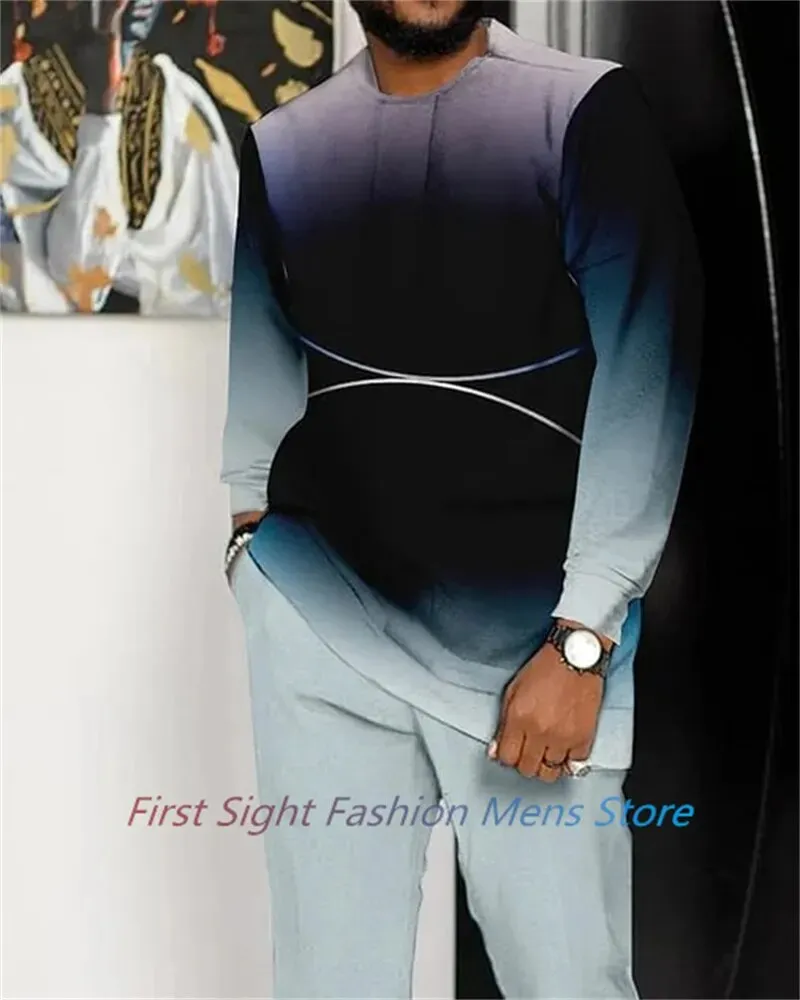 New Long Sleeve African Suit Print Autumn Oversize Men's T-Shirt Trousers 2-piece Set Fashion Street Casual Outfits Man Clothes