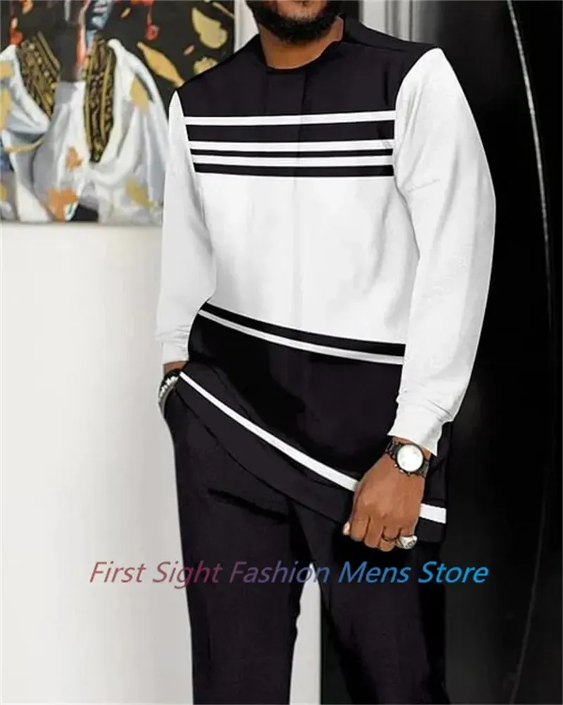 New Long Sleeve African Suit Print Autumn Oversize Men's T-Shirt Trousers 2-piece Set Fashion Street Casual Outfits Man Clothes