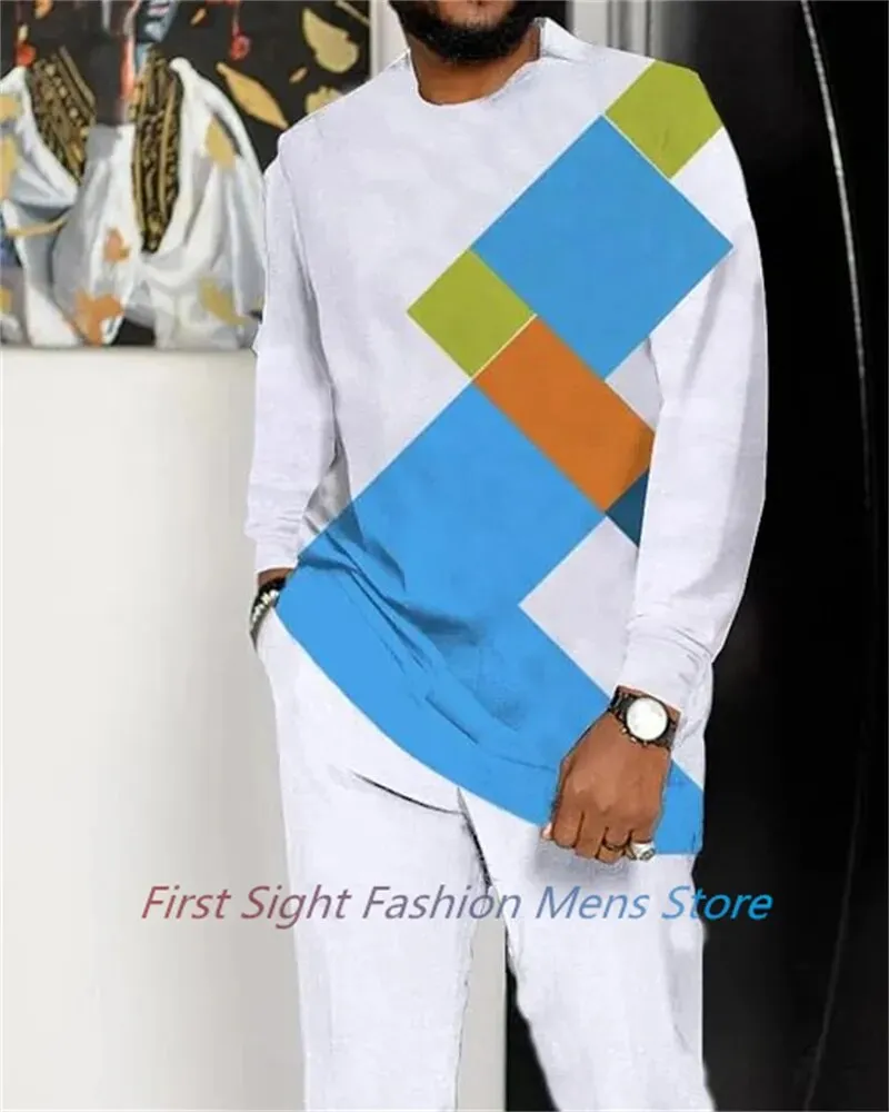 New Long Sleeve African Suit Print Autumn Oversize Men's T-Shirt Trousers 2-piece Set Fashion Street Casual Outfits Man Clothes