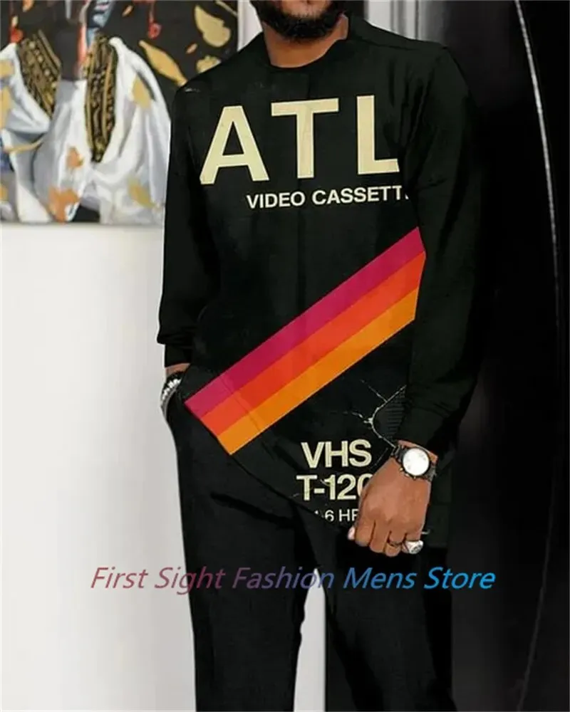 New Long Sleeve African Suit Print Autumn Oversize Men's T-Shirt Trousers 2-piece Set Fashion Street Casual Outfits Man Clothes