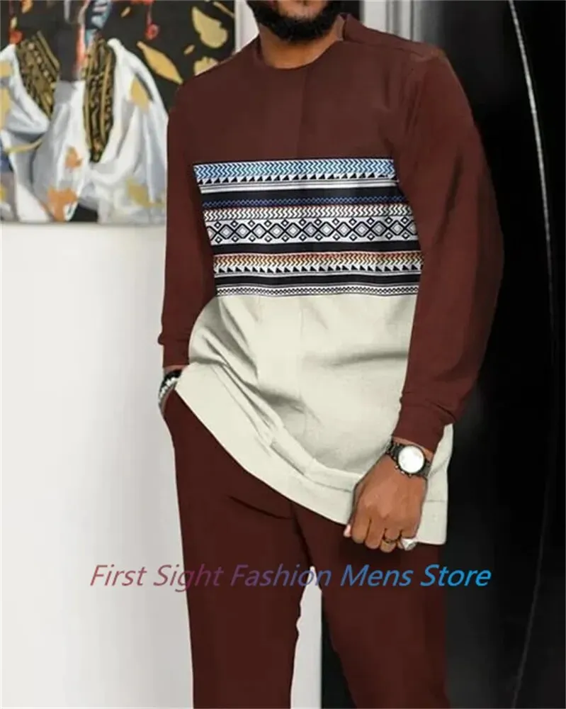 New Long Sleeve African Suit Print Autumn Oversize Men's T-Shirt Trousers 2-piece Set Fashion Street Casual Outfits Man Clothes