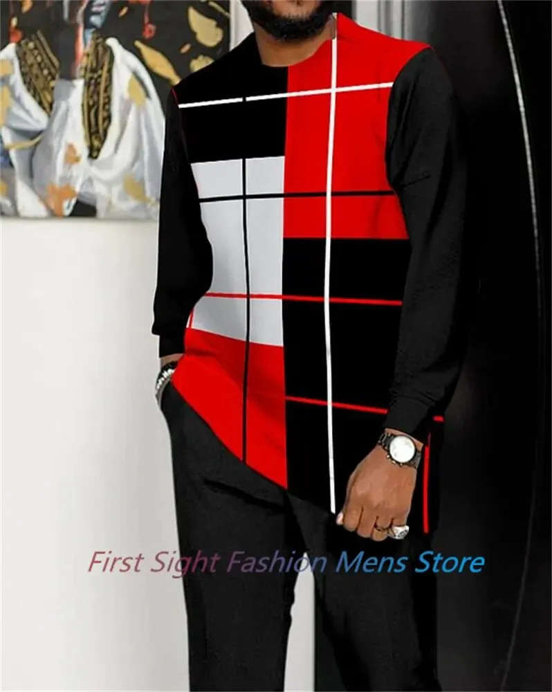 New Long Sleeve African Suit Print Autumn Oversize Men's T-Shirt Trousers 2-piece Set Fashion Street Casual Outfits Man Clothes
