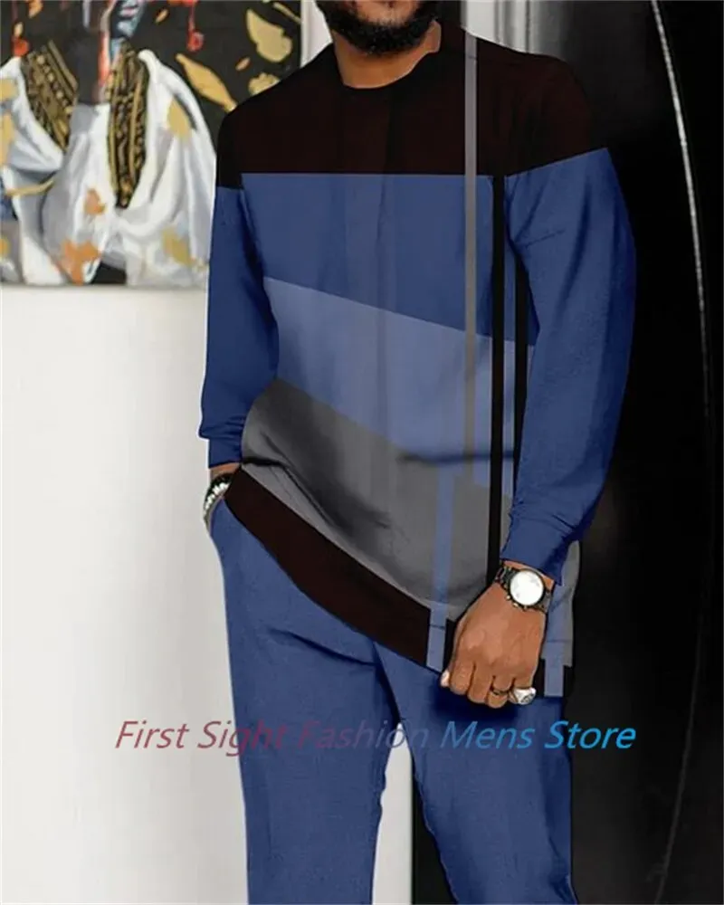New Long Sleeve African Suit Print Autumn Oversize Men's T-Shirt Trousers 2-piece Set Fashion Street Casual Outfits Man Clothes