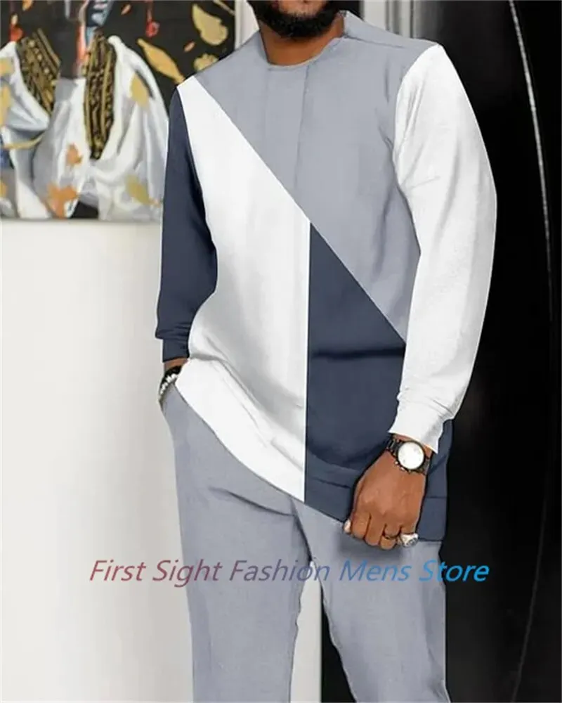 New Long Sleeve African Suit Print Autumn Oversize Men's T-Shirt Trousers 2-piece Set Fashion Street Casual Outfits Man Clothes