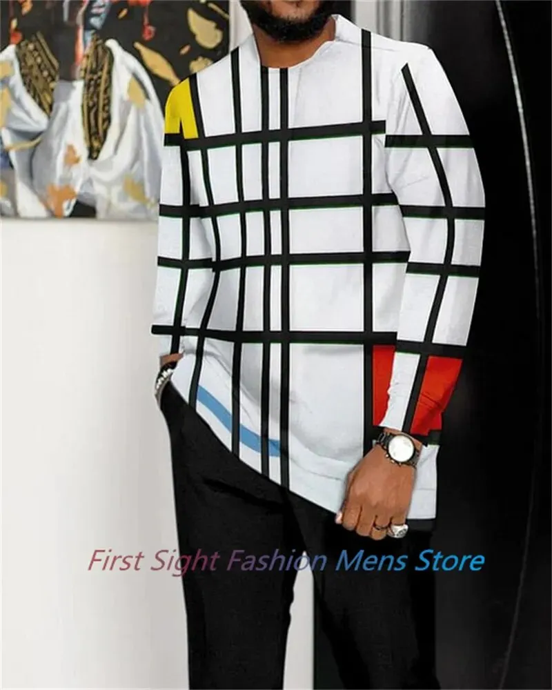 New Long Sleeve African Suit Print Autumn Oversize Men's T-Shirt Trousers 2-piece Set Fashion Street Casual Outfits Man Clothes