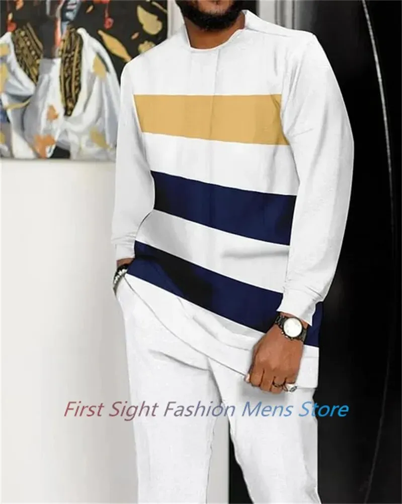 New Long Sleeve African Suit Print Autumn Oversize Men's T-Shirt Trousers 2-piece Set Fashion Street Casual Outfits Man Clothes