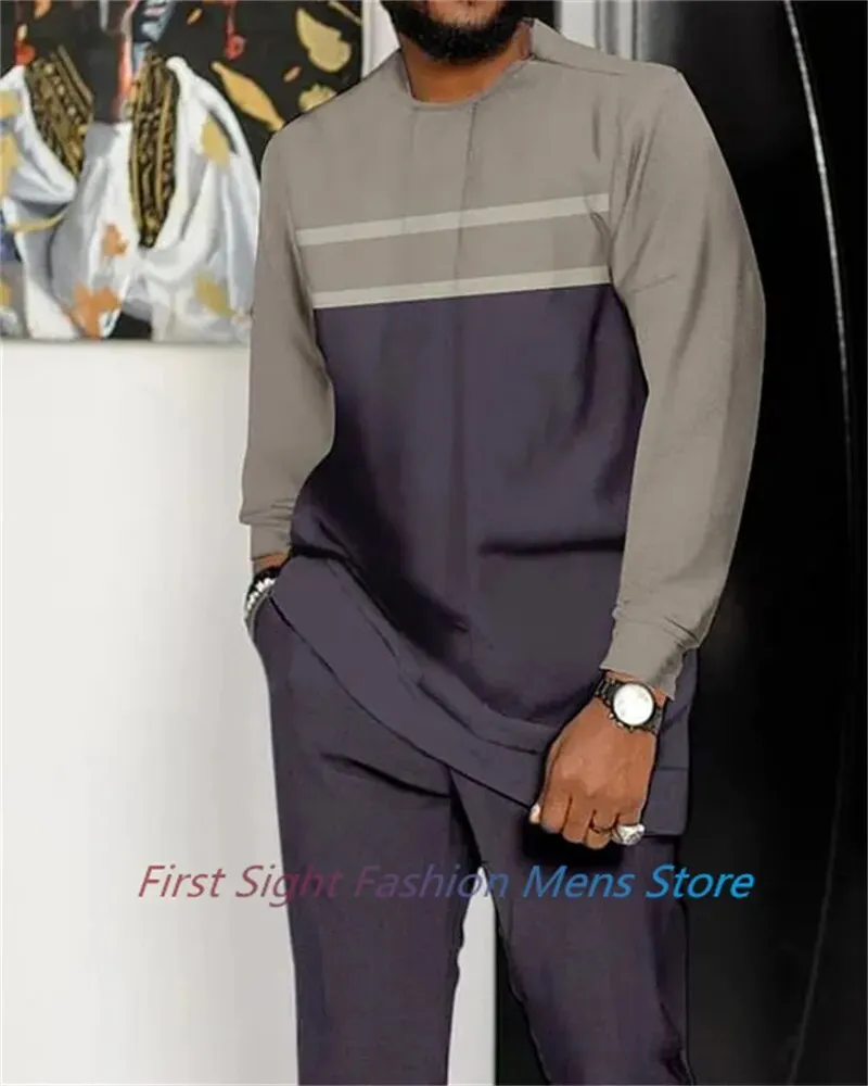 New Long Sleeve African Suit Print Autumn Oversize Men's T-Shirt Trousers 2-piece Set Fashion Street Casual Outfits Man Clothes