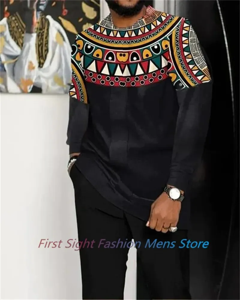 New Long Sleeve African Suit Print Autumn Oversize Men's T-Shirt Trousers 2-piece Set Fashion Street Casual Outfits Man Clothes