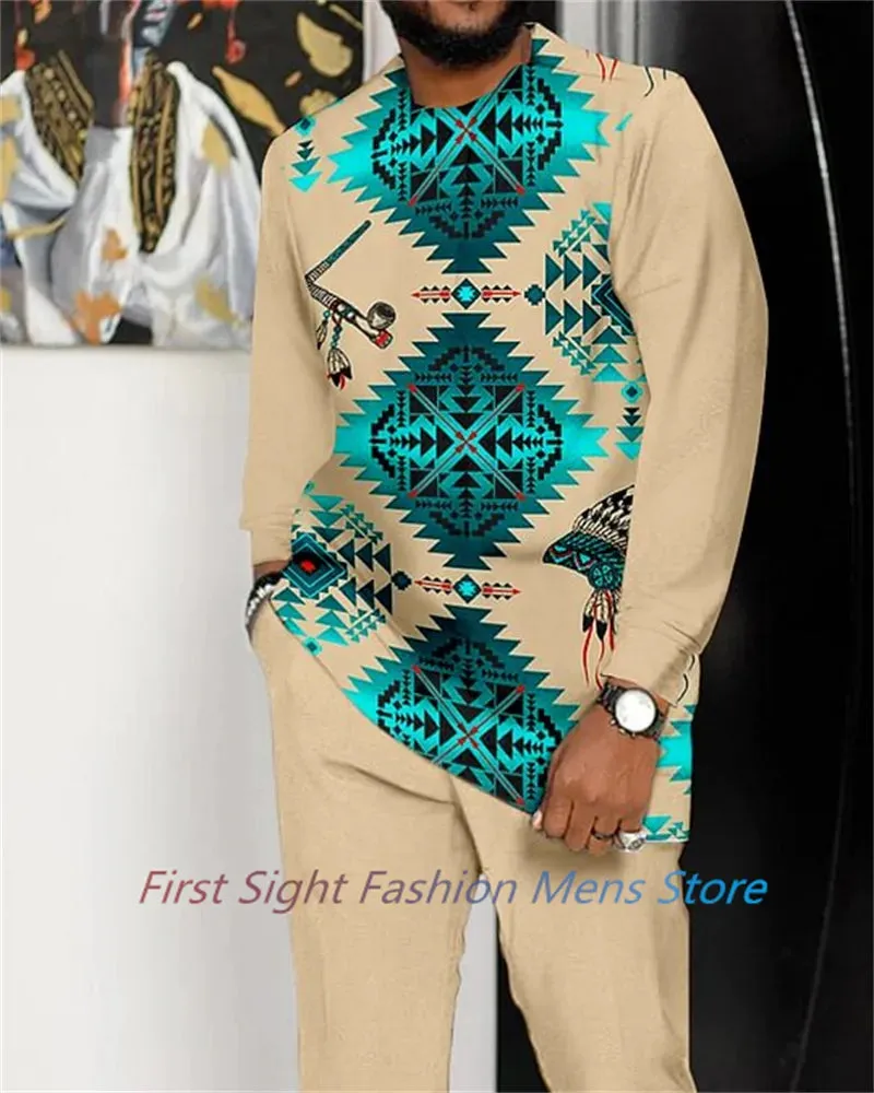 New Long Sleeve African Suit Print Autumn Oversize Men's T-Shirt Trousers 2-piece Set Fashion Street Casual Outfits Man Clothes