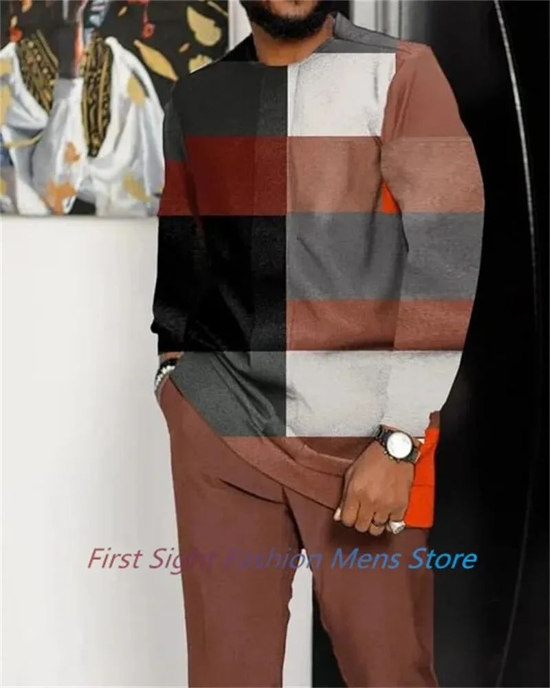 New Man Sets Clothing Long Sleeve Suit Striped Print Autumn Oversized T-Shirt Trousers 2-piece Set Fashion Street Casual Outfits