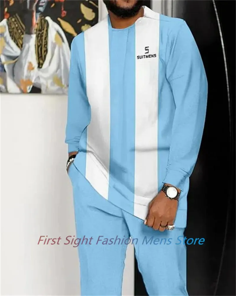 New Man Sets Clothing Long Sleeve Suit Striped Print Autumn Oversized T-Shirt Trousers 2-piece Set Fashion Street Casual Outfits