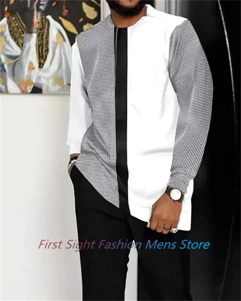 New Man Sets Clothing Long Sleeve Suit Striped Print Autumn Oversized T-Shirt Trousers 2-piece Set Fashion Street Casual Outfits