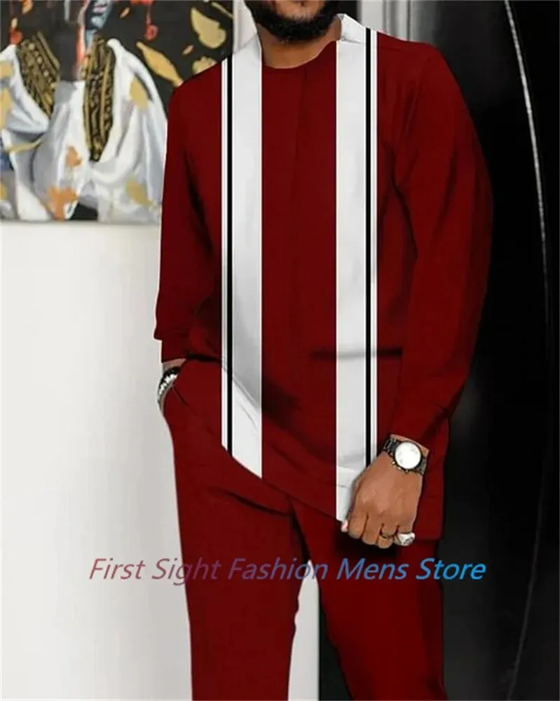New Man Sets Clothing Long Sleeve Suit Striped Print Autumn Oversized T-Shirt Trousers 2-piece Set Fashion Street Casual Outfits