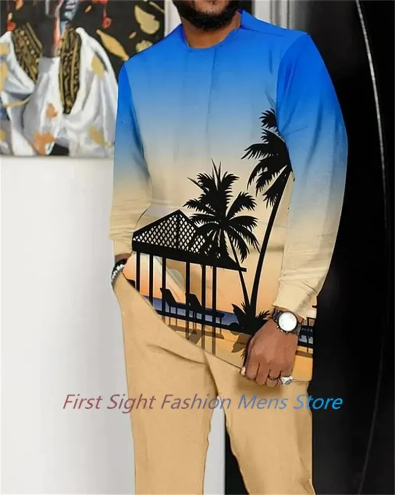 New Man Sets Clothing Long Sleeve Suit Striped Print Autumn Oversized T-Shirt Trousers 2-piece Set Fashion Street Casual Outfits