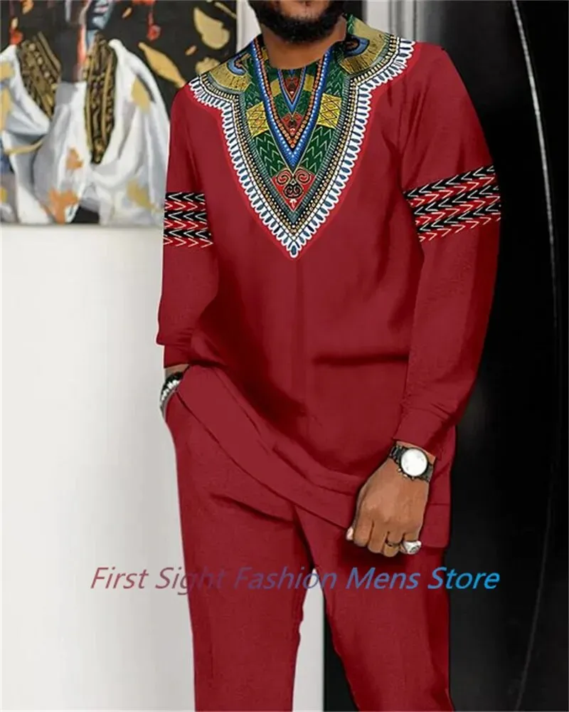 New Man Sets Clothing Long Sleeve Suit Striped Print Autumn Oversized T-Shirt Trousers 2-piece Set Fashion Street Casual Outfits