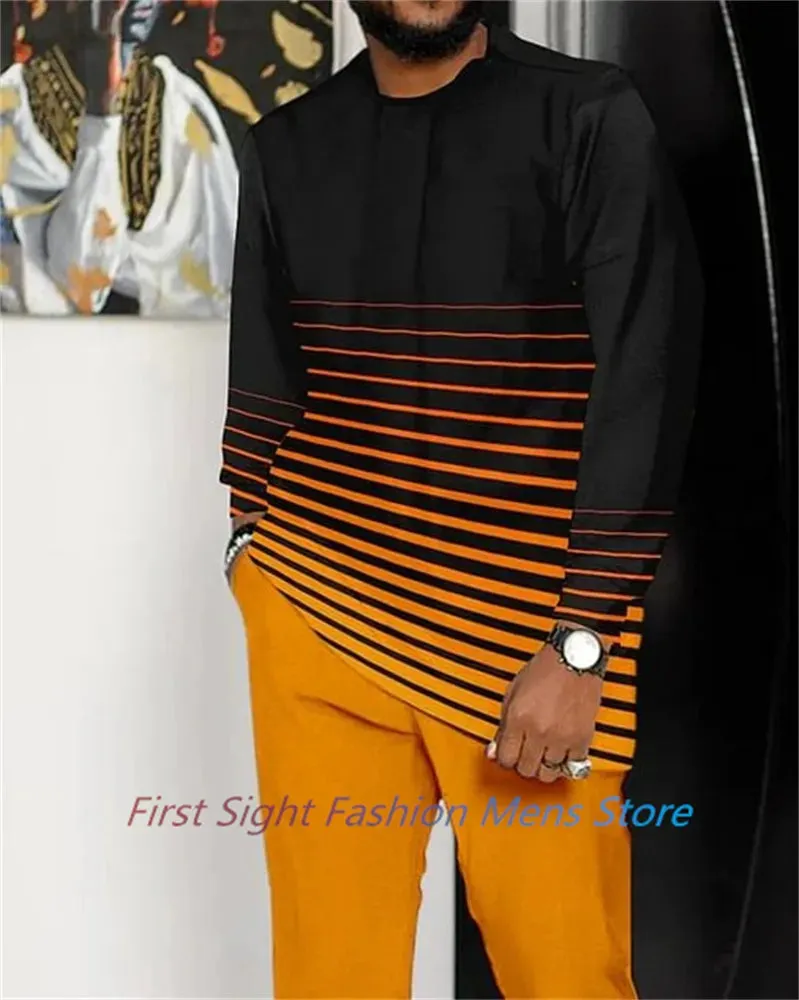 New Man Sets Clothing Long Sleeve Suit Striped Print Autumn Oversized T-Shirt Trousers 2-piece Set Fashion Street Casual Outfits