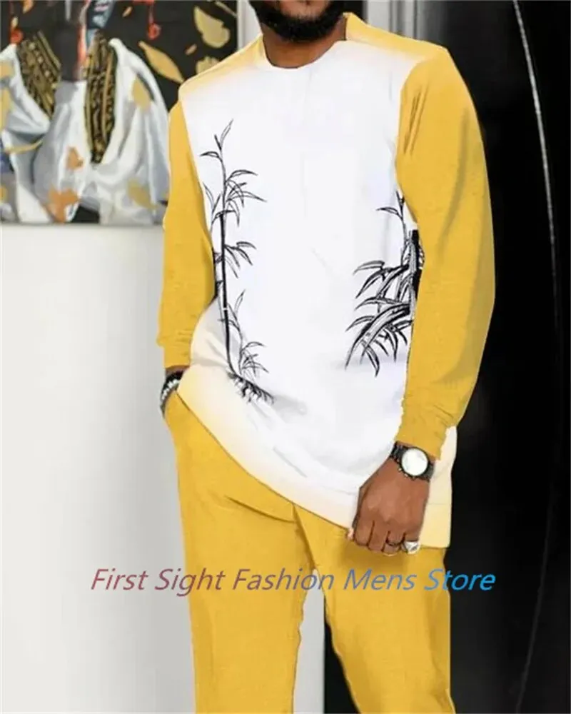 New Man Sets Clothing Long Sleeve Suit Striped Print Autumn Oversized T-Shirt Trousers 2-piece Set Fashion Street Casual Outfits