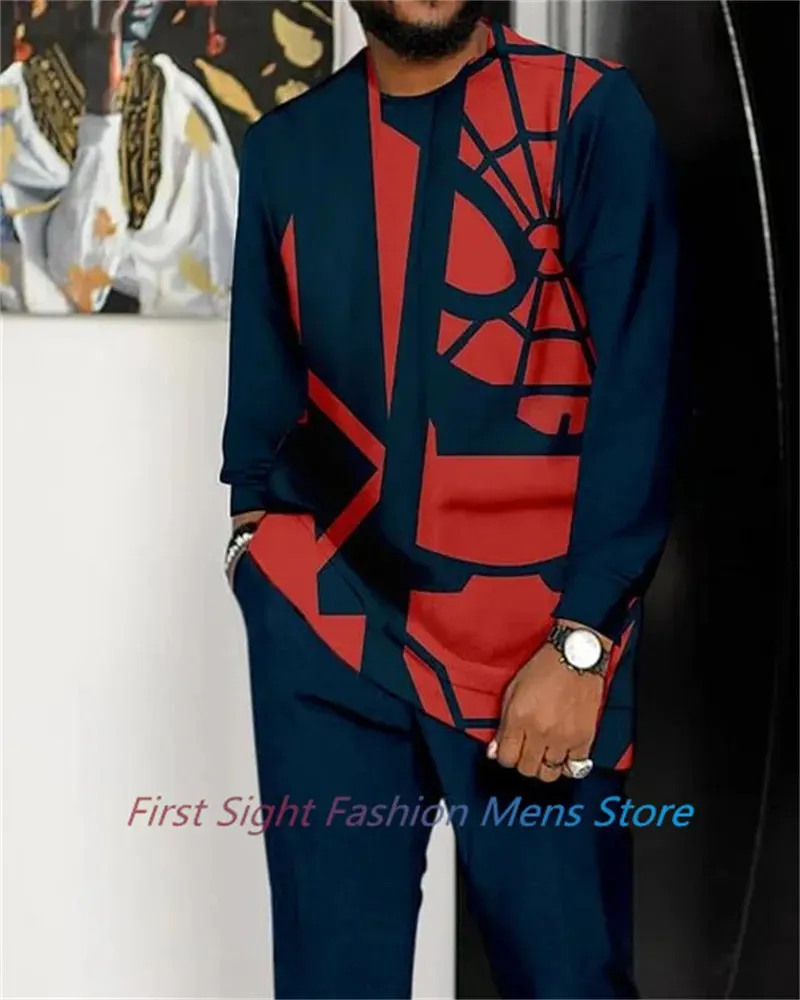 New Man Sets Clothing Long Sleeve Suit Striped Print Autumn Oversized T-Shirt Trousers 2-piece Set Fashion Street Casual Outfits