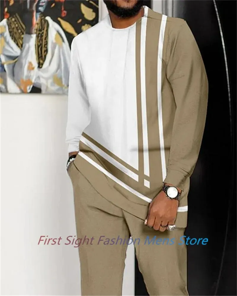 New Man Sets Clothing Long Sleeve Suit Striped Print Autumn Oversized T-Shirt Trousers 2-piece Set Fashion Street Casual Outfits