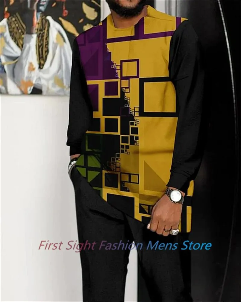 New Man Sets Clothing Long Sleeve Suit Striped Print Autumn Oversized T-Shirt Trousers 2-piece Set Fashion Street Casual Outfits