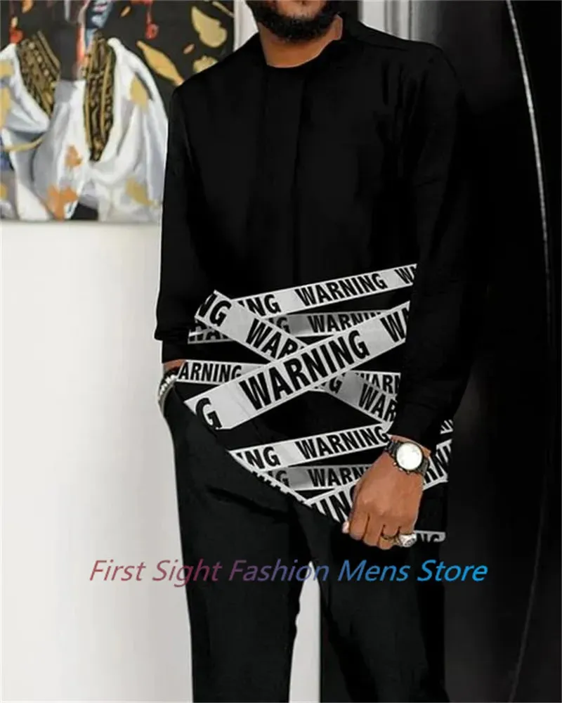 New Man Sets Clothing Long Sleeve Suit Striped Print Autumn Oversized T-Shirt Trousers 2-piece Set Fashion Street Casual Outfits