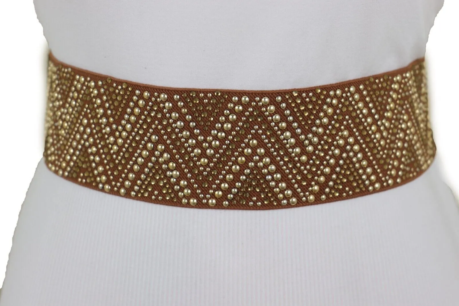 New Women Brown Elastic Fashion Belt Gold Metal Stud Chevron S M