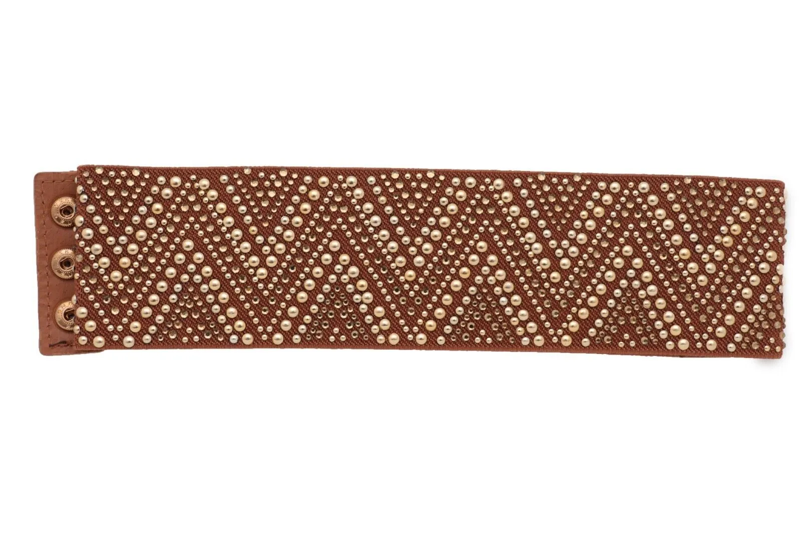 New Women Brown Elastic Fashion Belt Gold Metal Stud Chevron S M