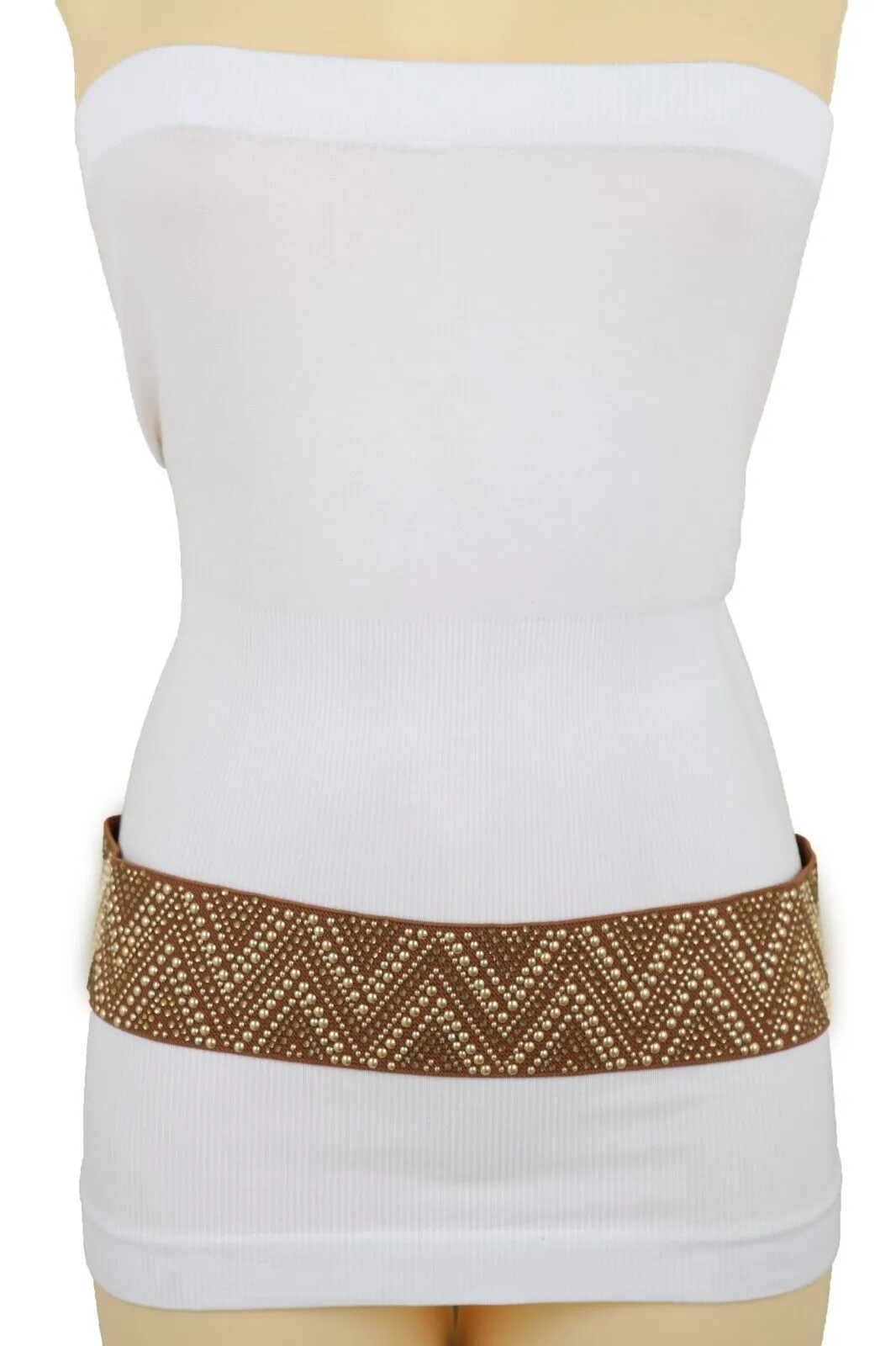 New Women Brown Elastic Fashion Belt Gold Metal Stud Chevron S M