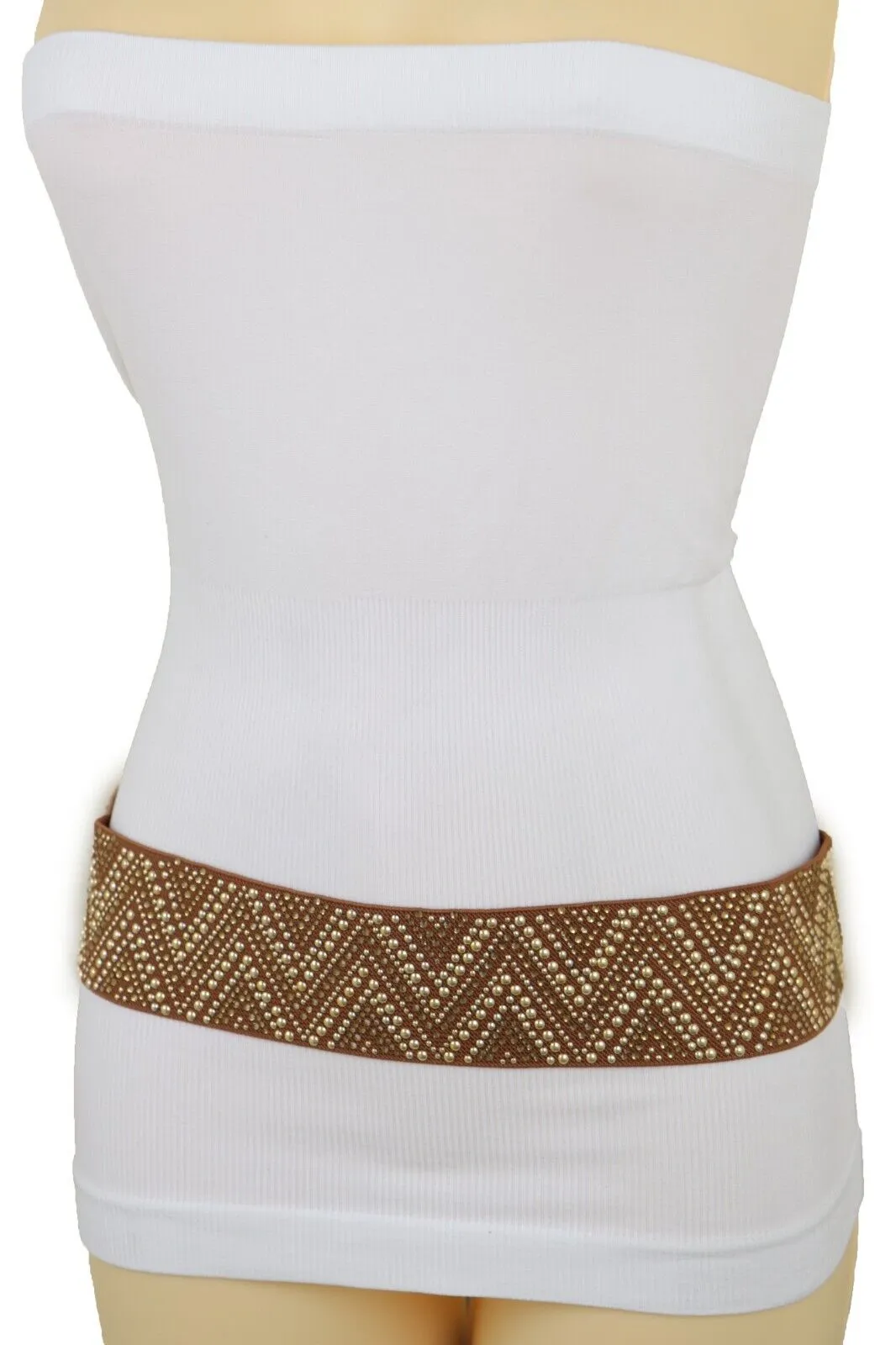 New Women Brown Elastic Fashion Belt Gold Metal Stud Chevron S M