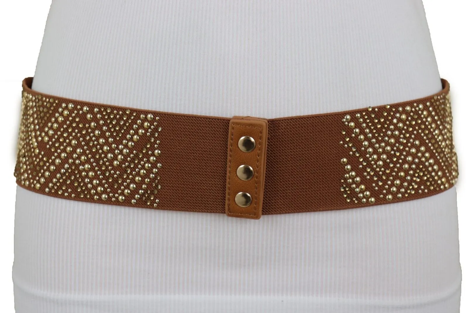 New Women Brown Elastic Fashion Belt Gold Metal Stud Chevron S M